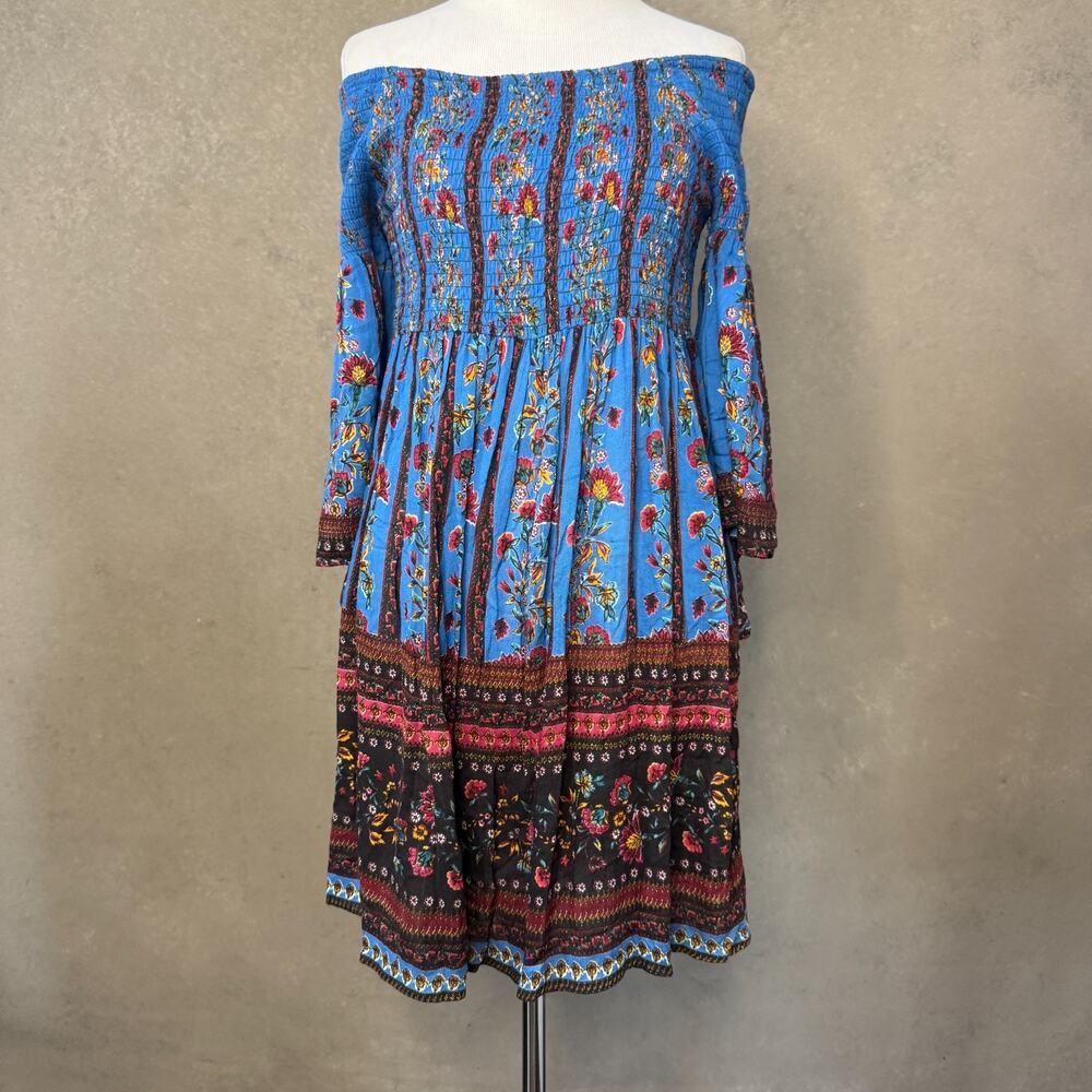 Angie Blue Floral Off Shoulder Boho Dress Medium